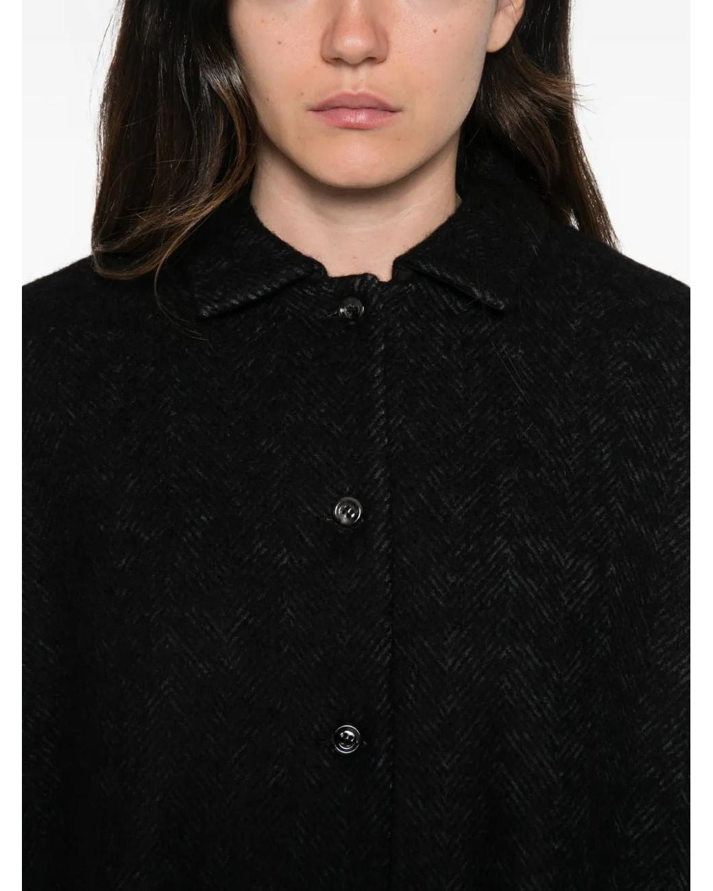 Apuntob Black Herringbone-Pattern Front-Button Jacket