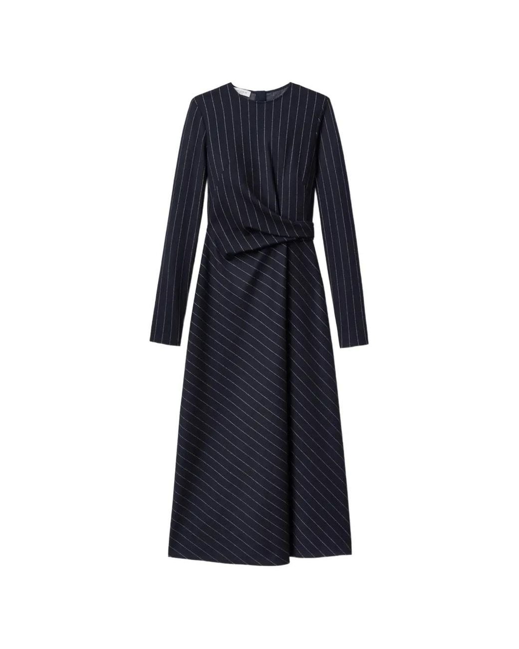 Lafayette 148 New York Blue Pinstriped Gathered-Waist Dress