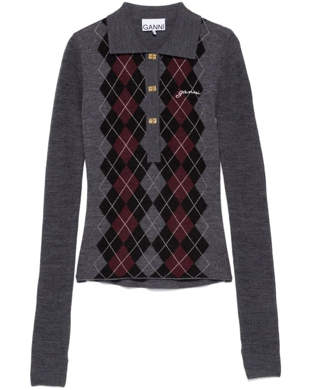 Ganni Black Anthracite Long-Sleeve Polo Shirt