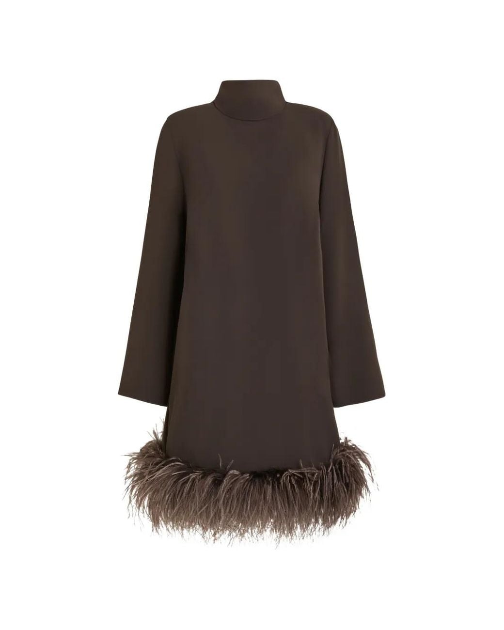 P.A.R.O.S.H. Brown Feather-Trim Bow-Detail Long-Sleeved Shift Mini Dress