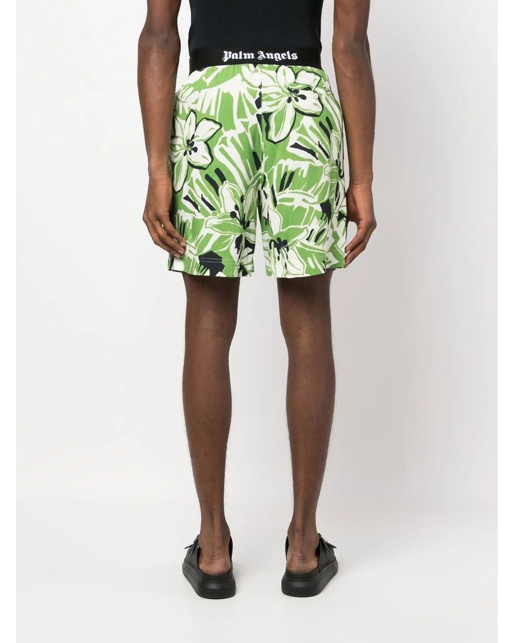 Palm Angels Green Floral-Print Logo-Waistband Shorts for men