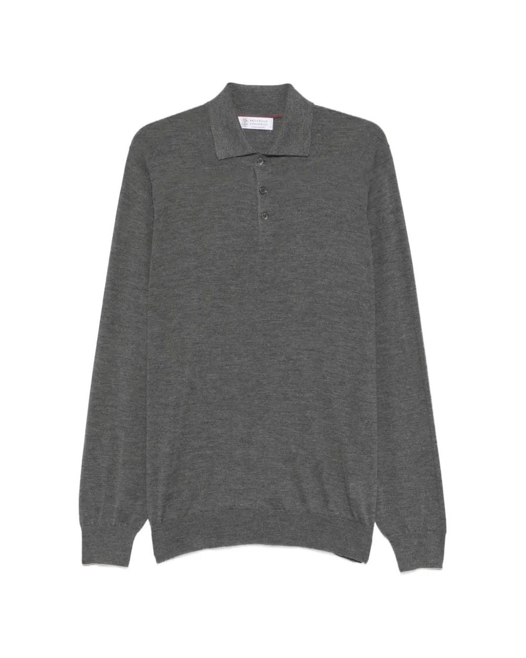 Brunello Cucinelli Gray Button Long-Sleeve Polo Shirt for men