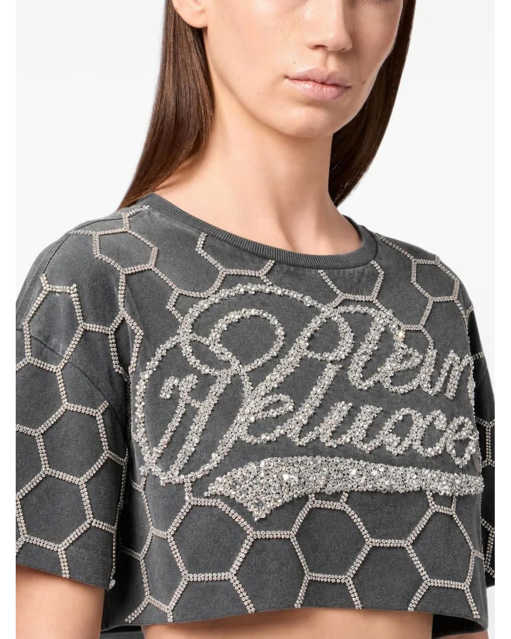 Philipp Plein Gray Cropped T-Shirt Plein Deluxe Crystal