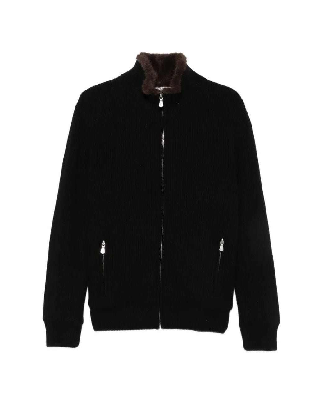 Barba Napoli Black Ribbed-Knit Faux-Fur-Trim Jacket for men