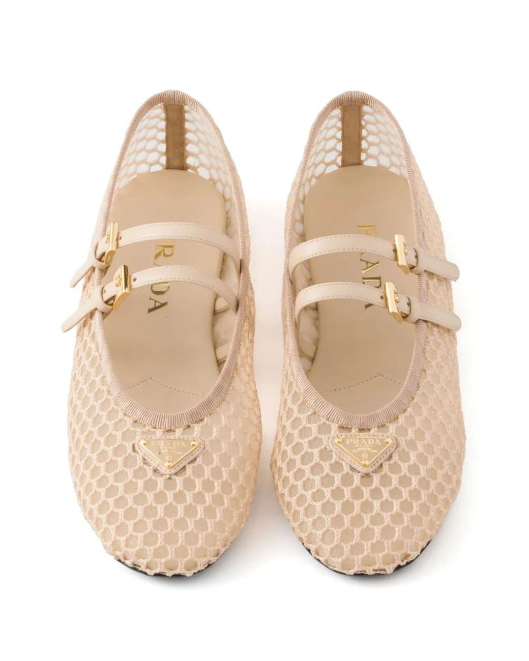 Prada Natural Triangle-Logo Mesh Ballet Flats