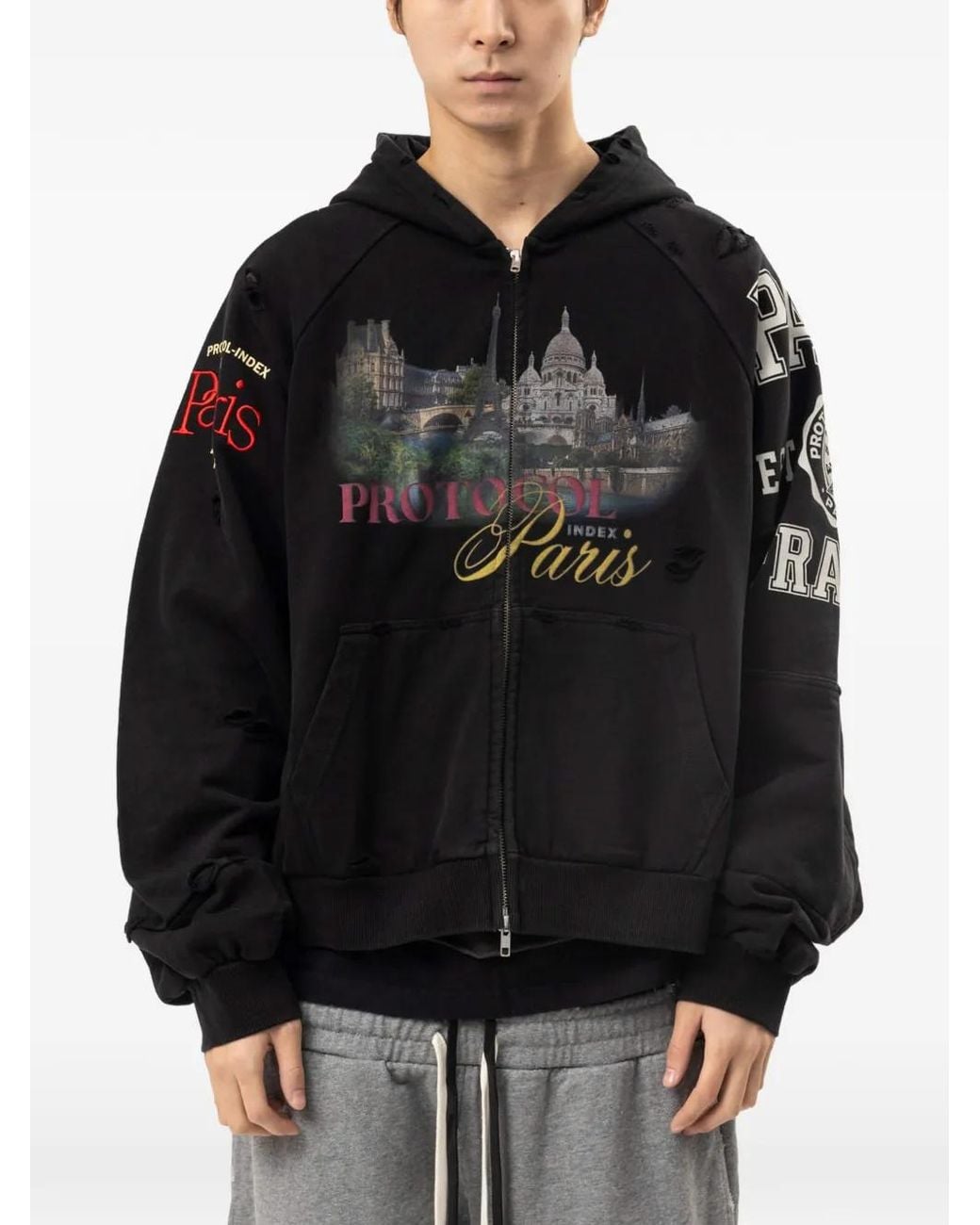 Protocol Index Black Paris Reconstructed Zip-Up Hoodie for men