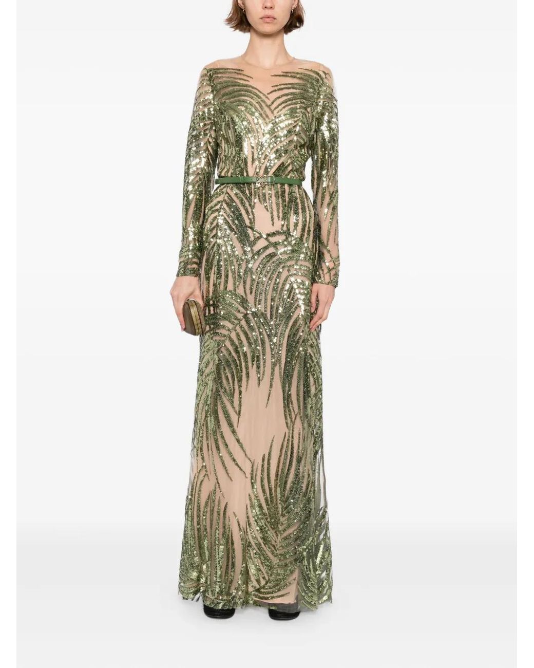 Elie Saab Embroidered Tulle Long Dress in Green | Lyst