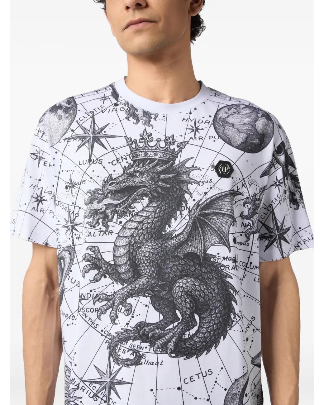 Philipp Plein Gray Round Neck T-Shirt All-Over Zodiac for men