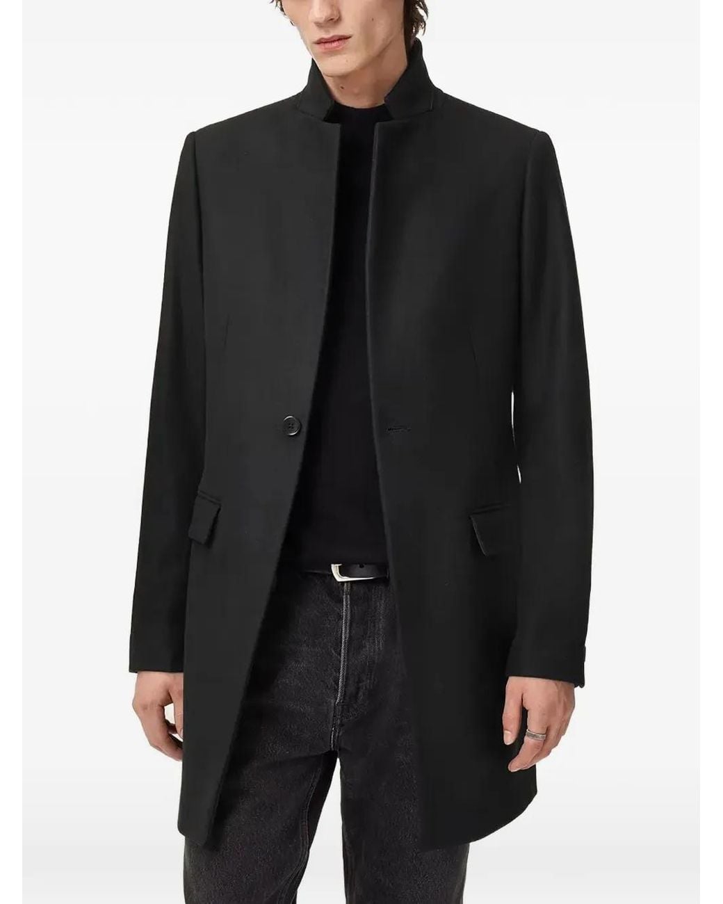 AllSaints Black Haydon High-Neck Single-Breasted Coat for men