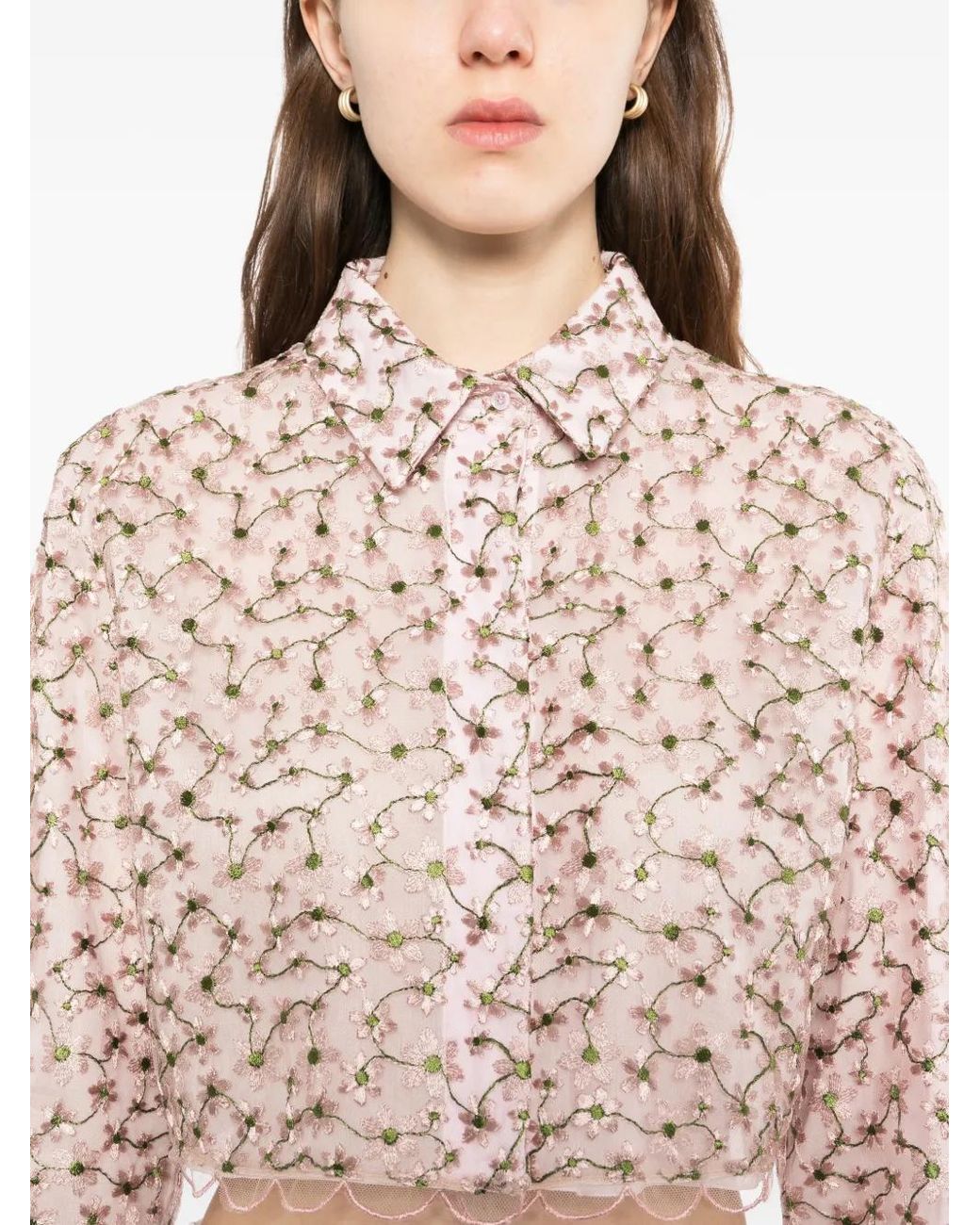 Giambattista Valli Natural Floral-Embroidered Cropped Shirt