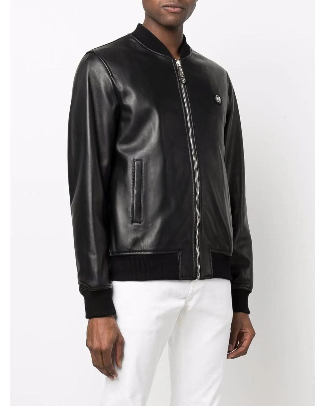 Philipp Plein Black Leather Bomber Jacket for men