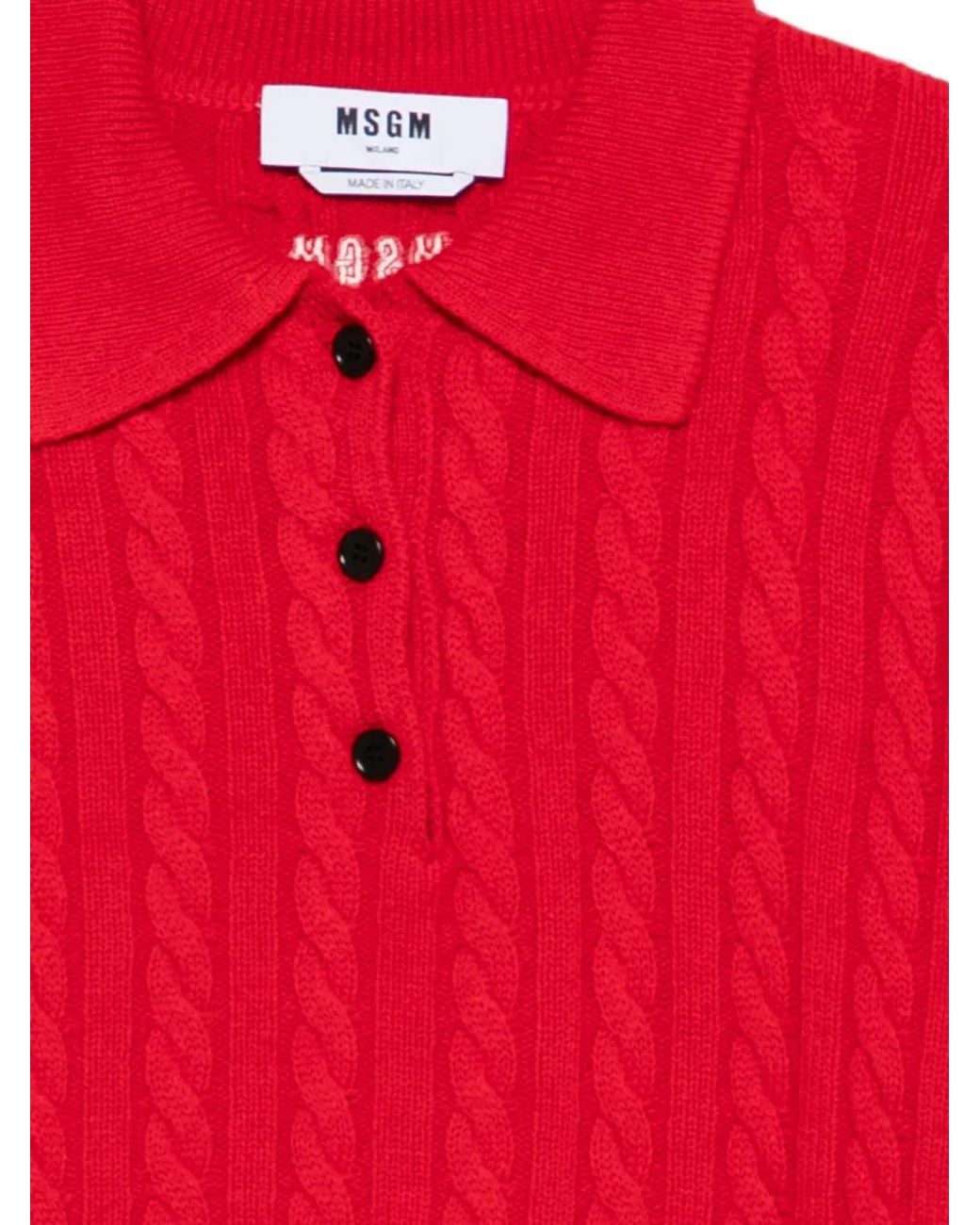 MSGM Red Cable-Knit Polo Sweater