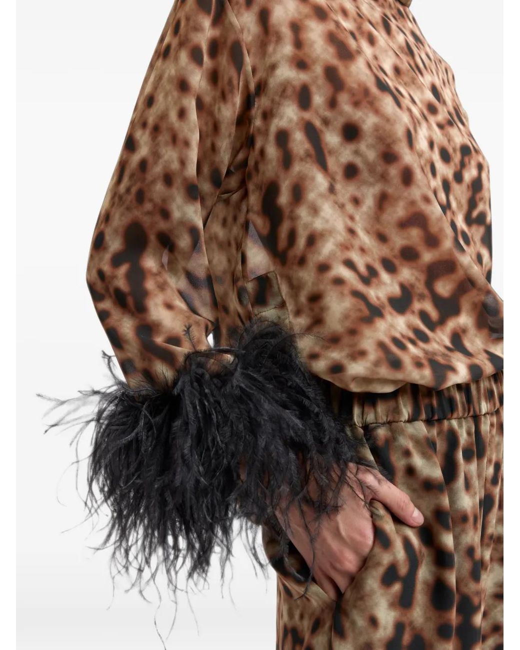 16Arlington Brown Olyss Feather-Trimmed Animal-Print Top