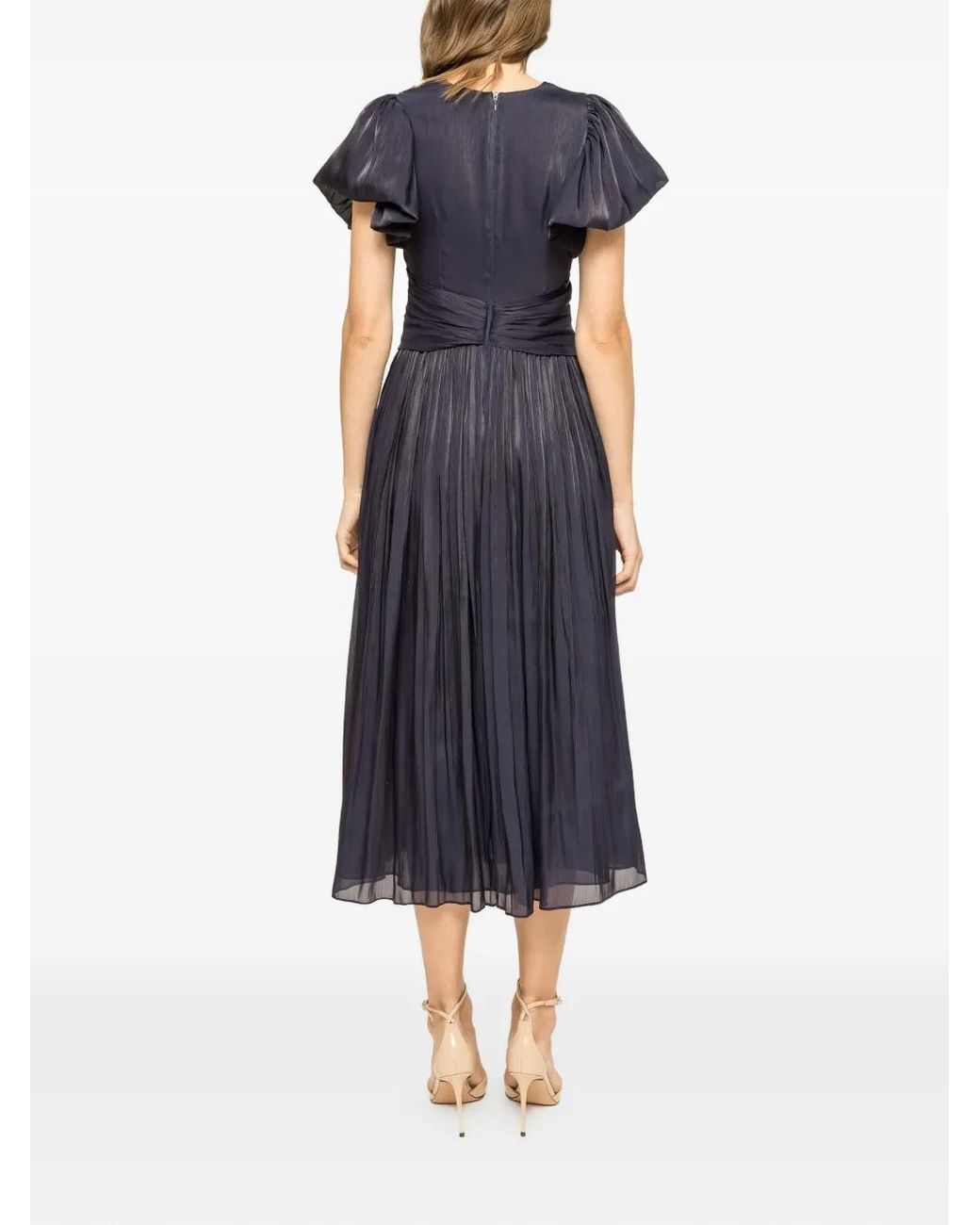Nissa Blue Crystal Pleated Midi Dress
