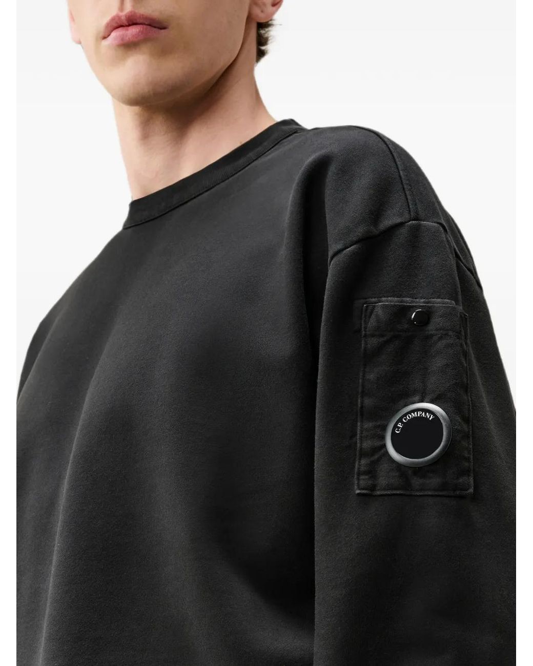 C P Company Black Brushed And Emerized Diagonal Fleece Mixed Boxy Lens Crewneck Sweatshirt for men