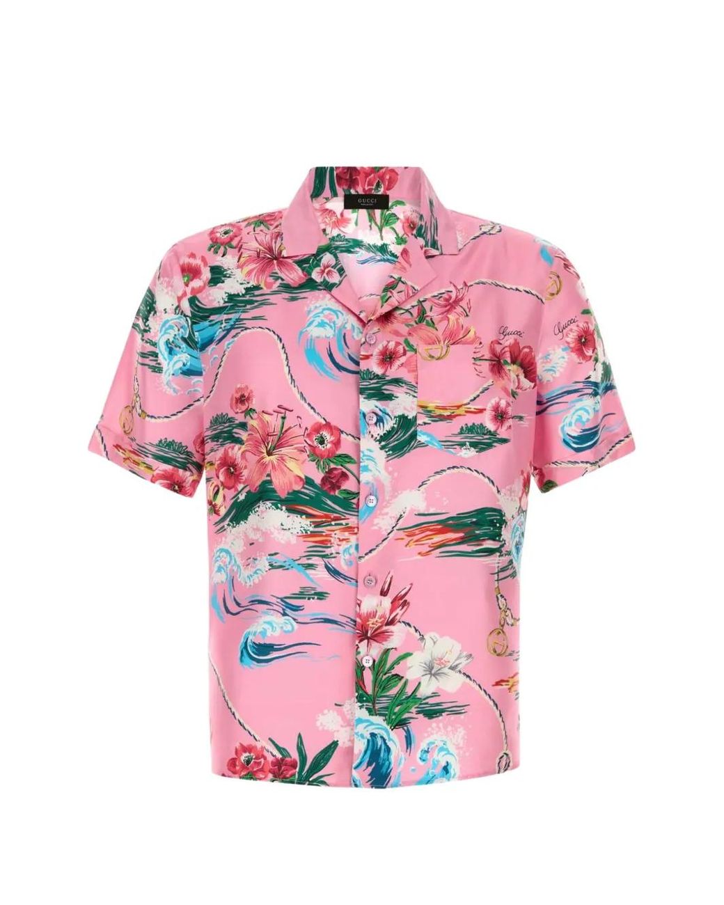 Gucci Pink Printed Silk Twill Bowling Shirt for men