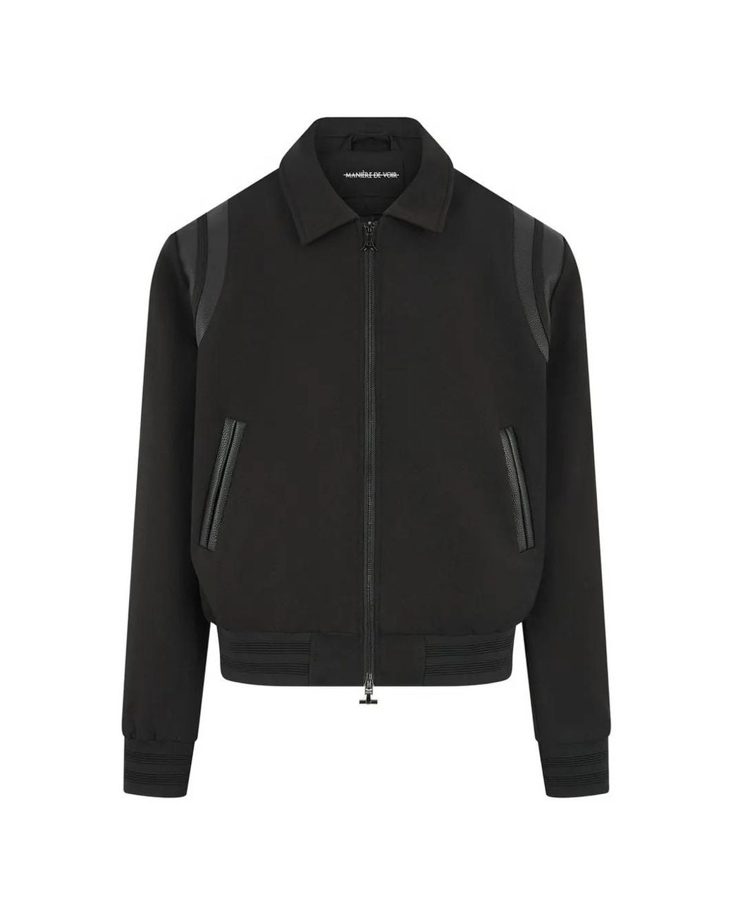 Manière De Voir Black Leather Panelled Varsity Jacket for men
