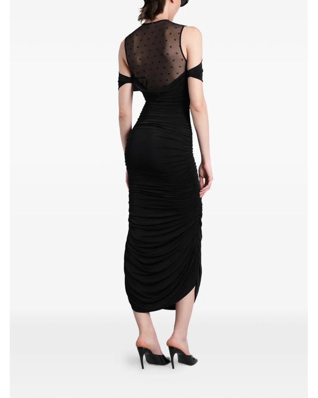 MARINE SERRE Black Asymmetrical Crepe Jersey And Plumetis Midi Dress