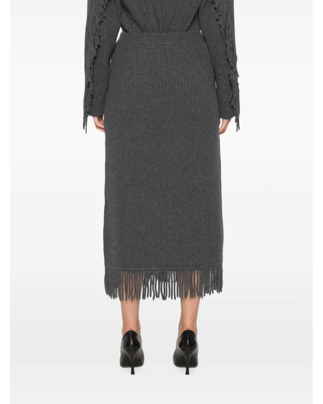 Jonathan Simkhai Gray Casey Fringe-Trim Ribbed Midi Skirt