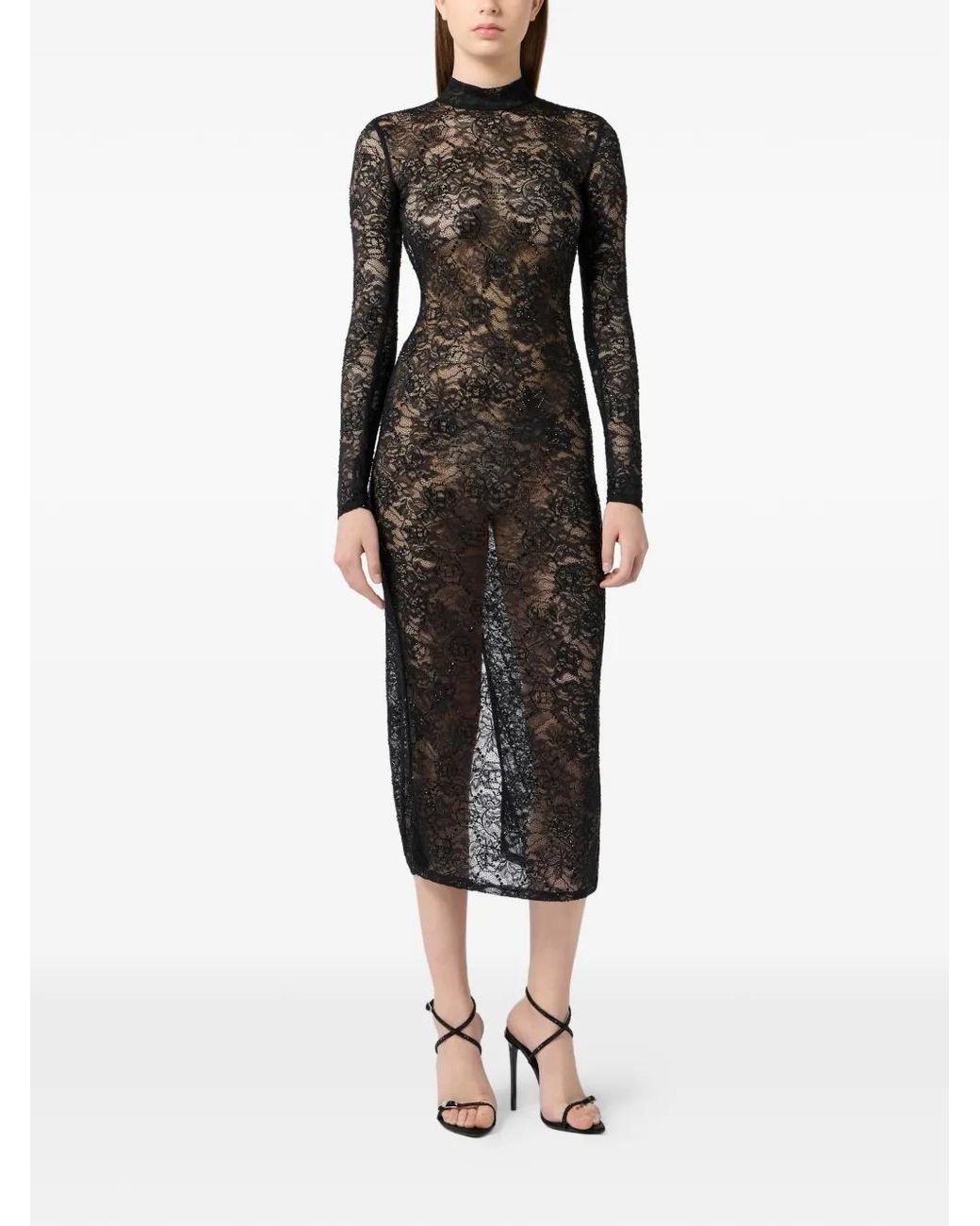 Philipp Plein Black Lace Open Back Long Dress Monogram Strass