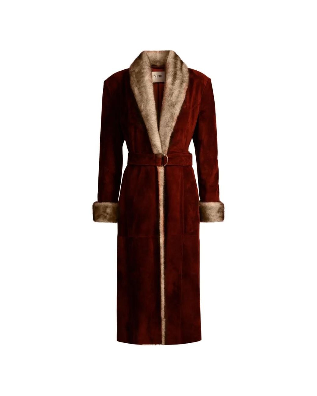 DUCIE Red Freya Faux-Fur-Trim Suede Coat