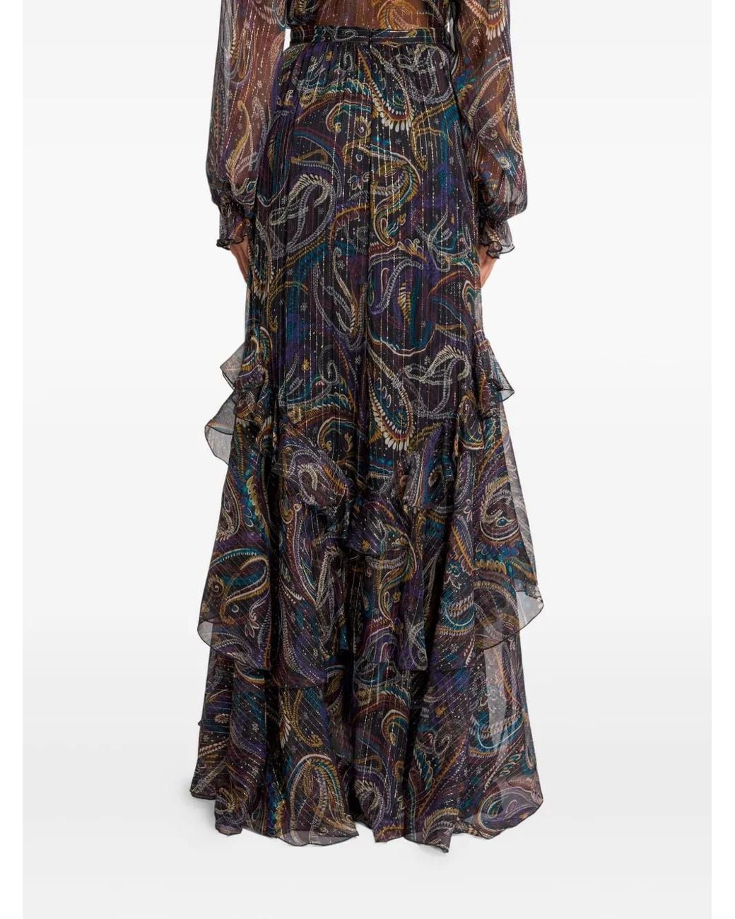 Etro Gray Silk Maxi Skirt With Paisley Foliage Motif