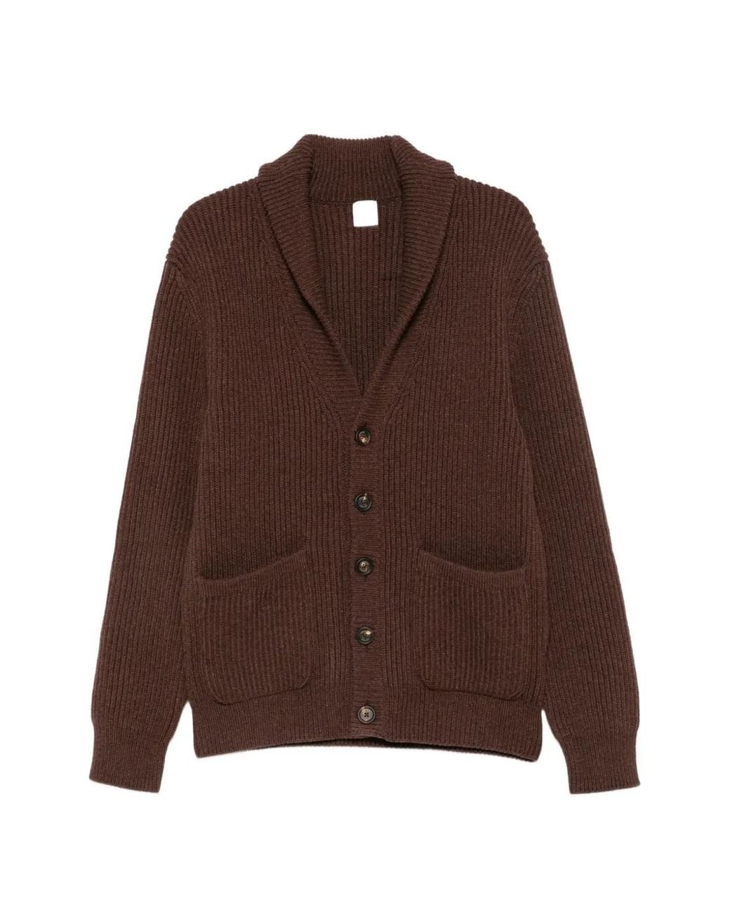 Eleventy Brown Ribbed-Knit Shawl-Collar Cardigan for men
