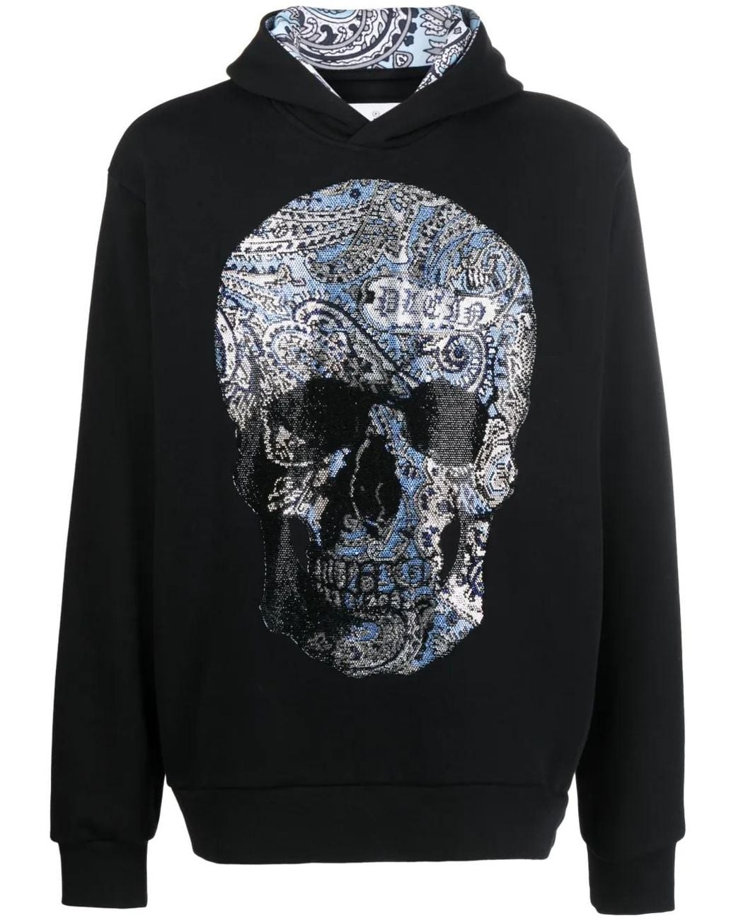 Philipp Plein Black Rhinestone-Embellished Skull Hoodie for men