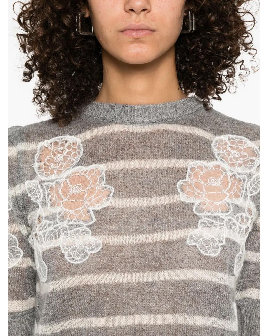 Pull Rayé À Fleurs Brodées Twinset en coloris Gray