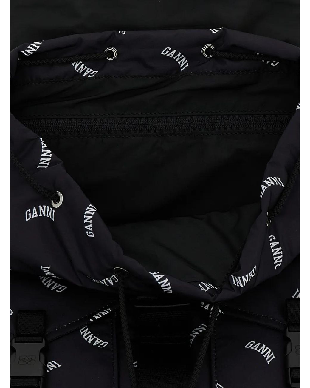 Ganni Black Logo-Print Buckle Backpack