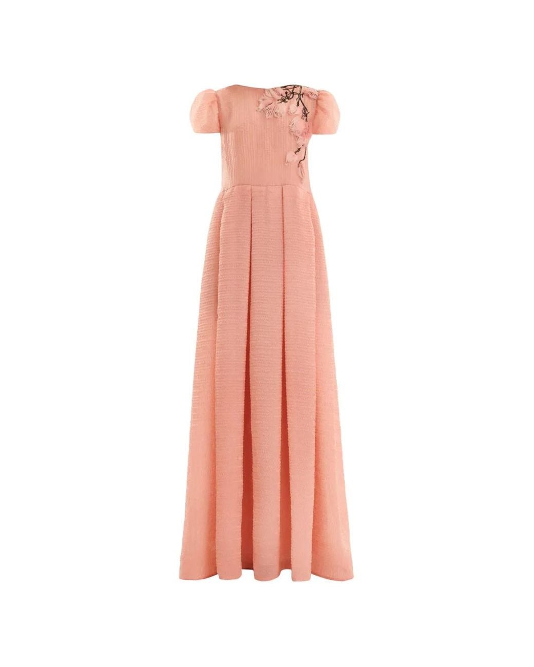 Gemy Maalouf Pink Floral-Appliqué Pleated Maxi Dress