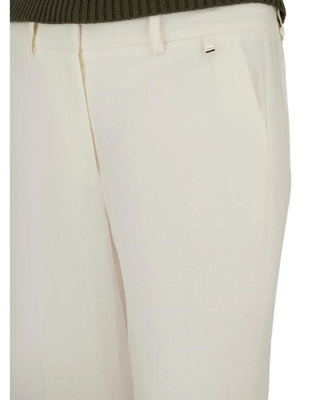 Herno White Lightweight Linen Cigarette Trousers With Turn-Ups And Metal Logo Plate