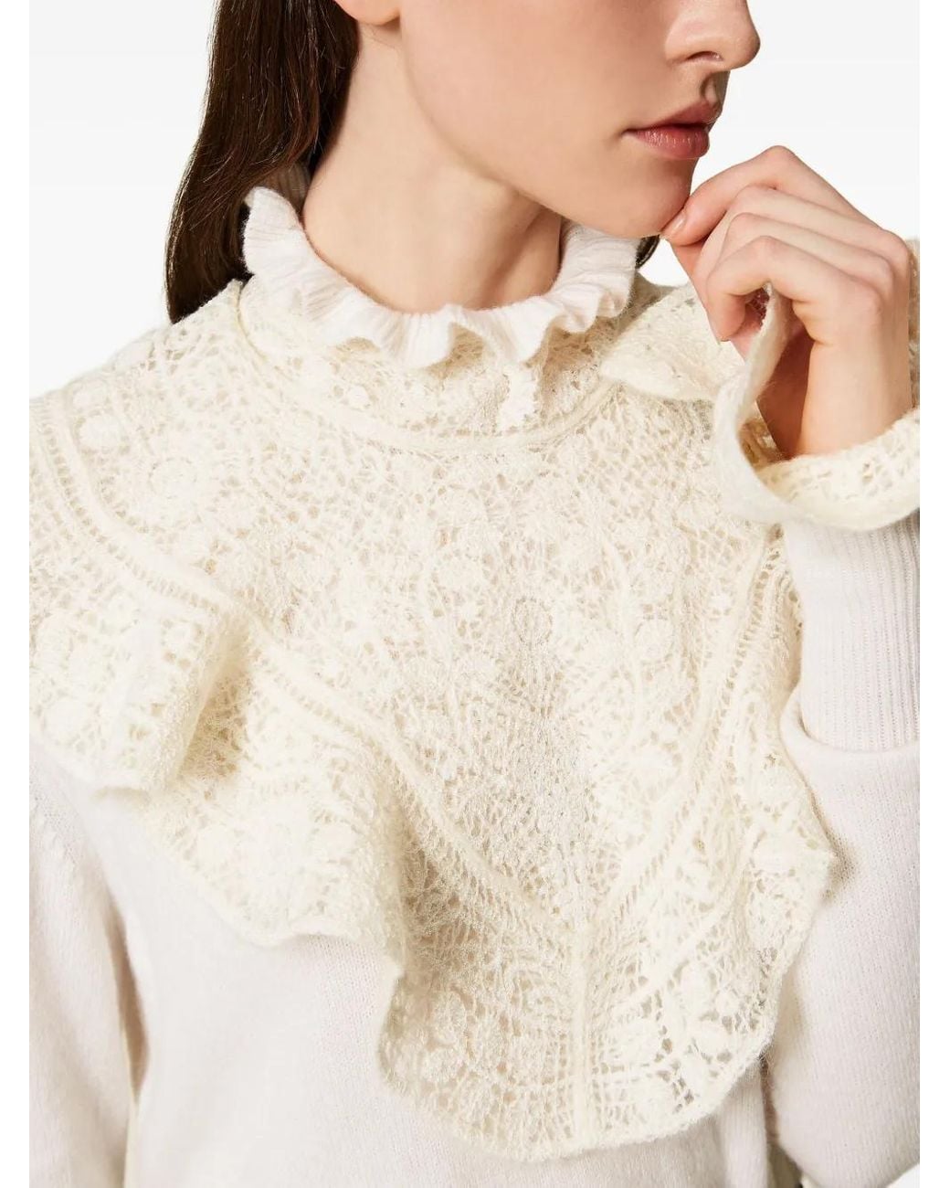 Twinset White Lace-Trimmed Ruffled Jumper