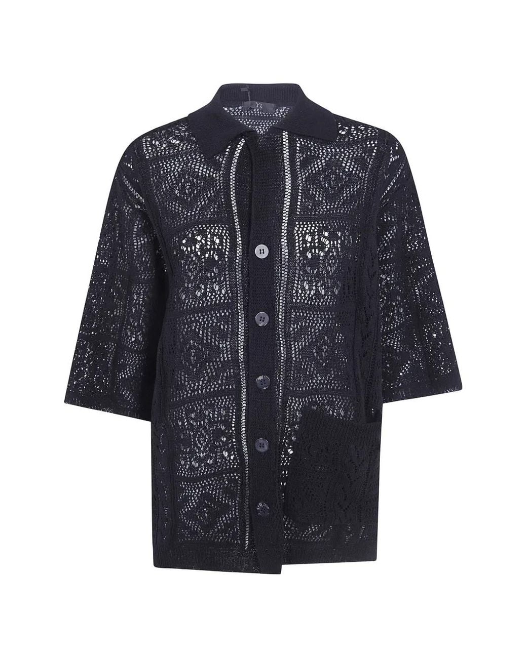 Y's Yohji Yamamoto Blue Mexican Crochet-Knit Patch-Pocket Shirt