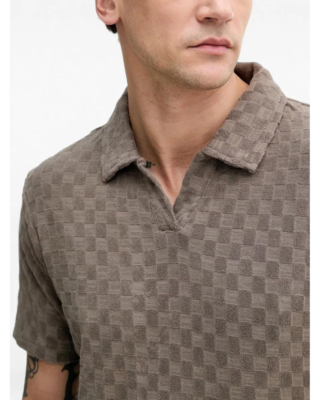 Lindbergh Gray Check-Pattern Towelling Polo-Collar T-Shirt for men