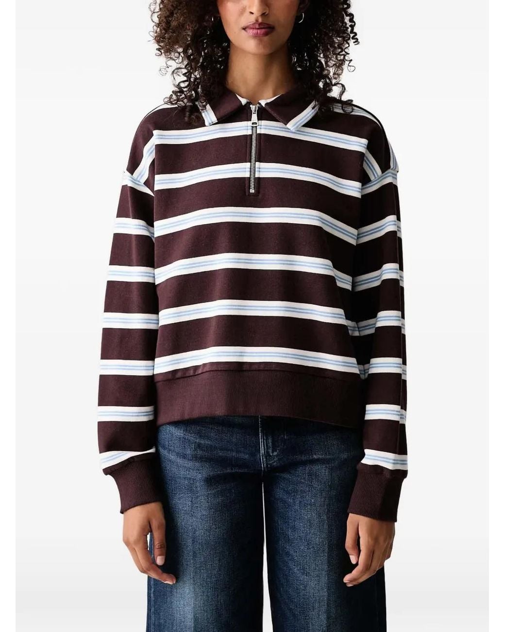 Marc O' Polo Blue Striped Quarter-Zip Polo Top