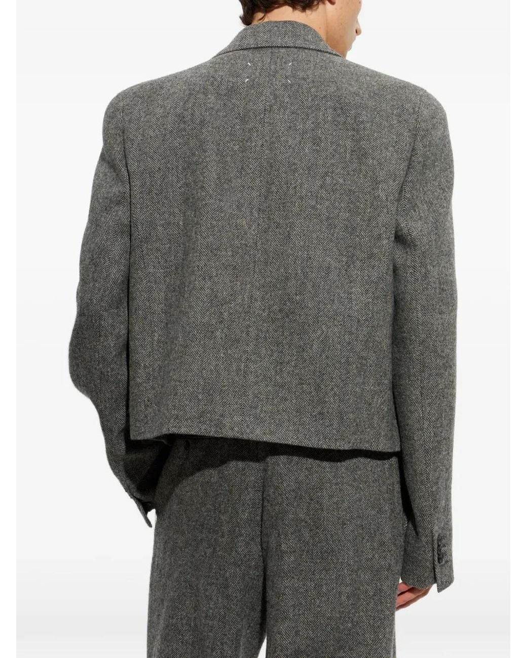 Maison Margiela Gray Herringbone Double-Breasted Cropped Blazer for men