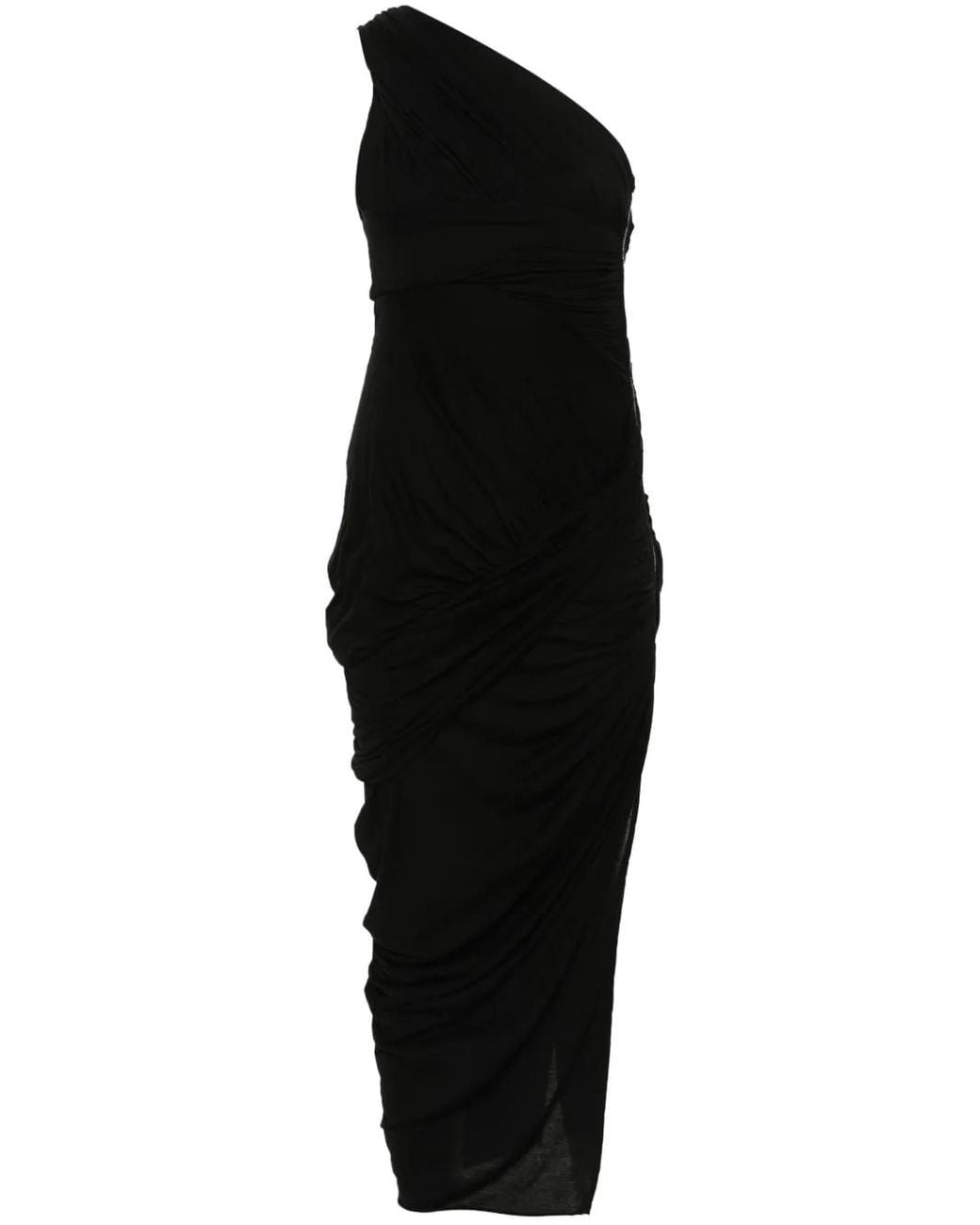 Rick Owens Black One-Shoulder Draped Midi Dress