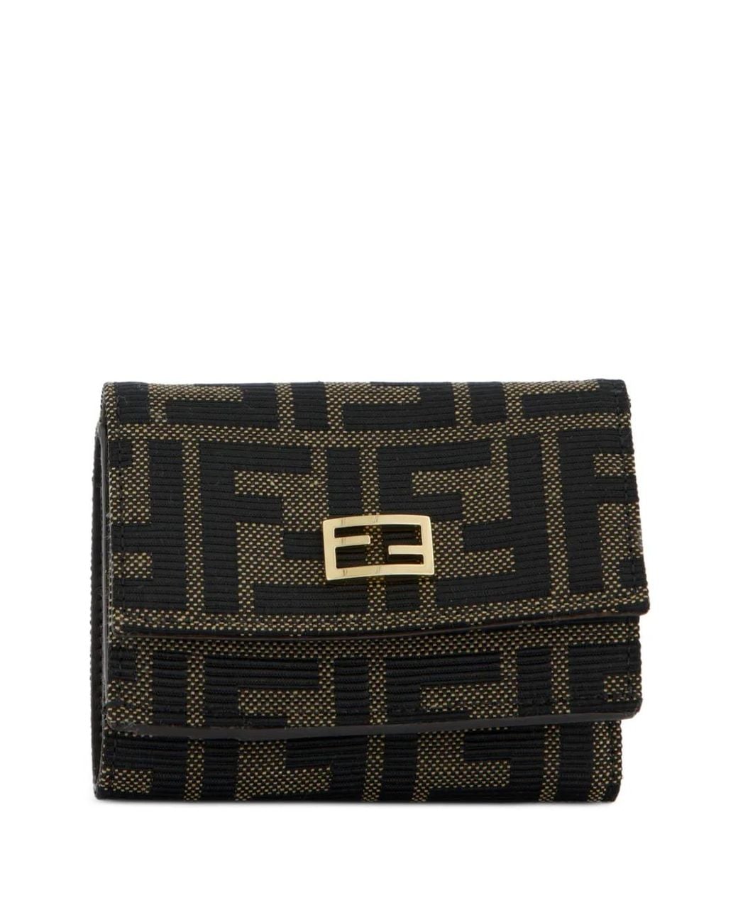 Fendi Black Mini Trifold Ff Jacquard-Accented Leather Wallet