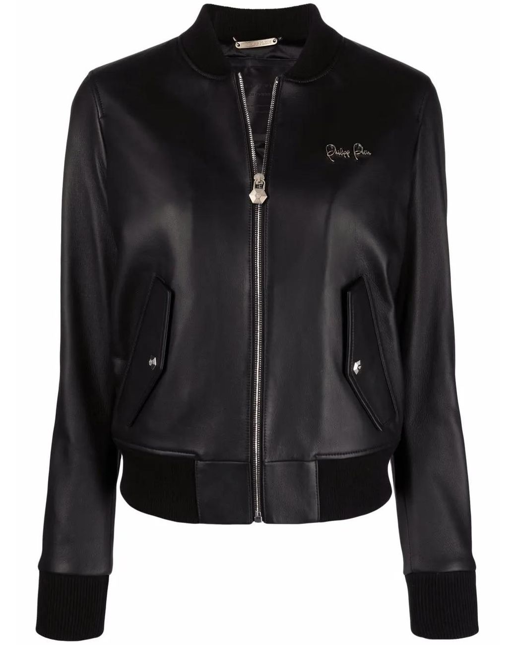Philipp Plein Black Leather Bomber Jacket