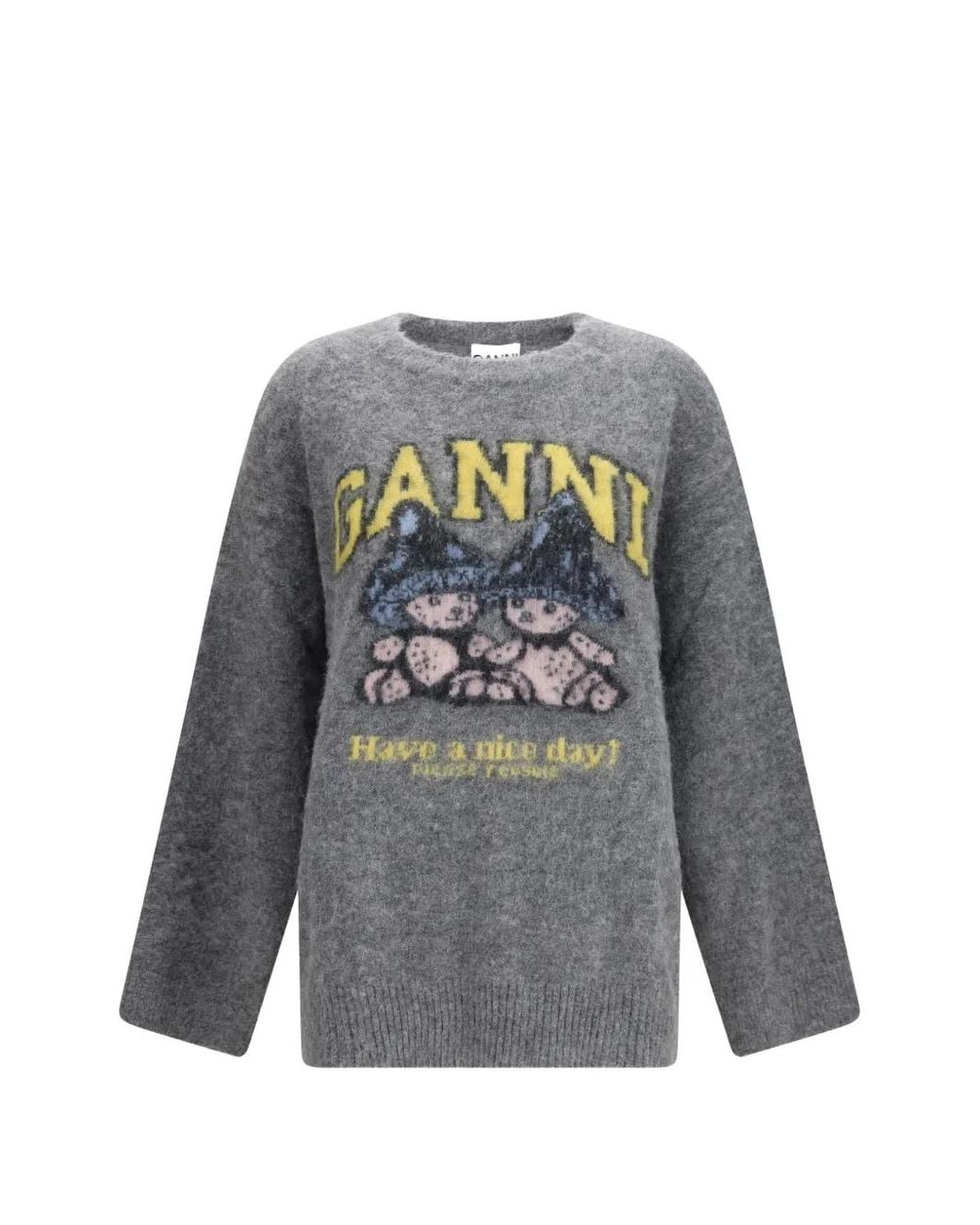 Ganni Gray Logo-Intarsia Knitted Sweater