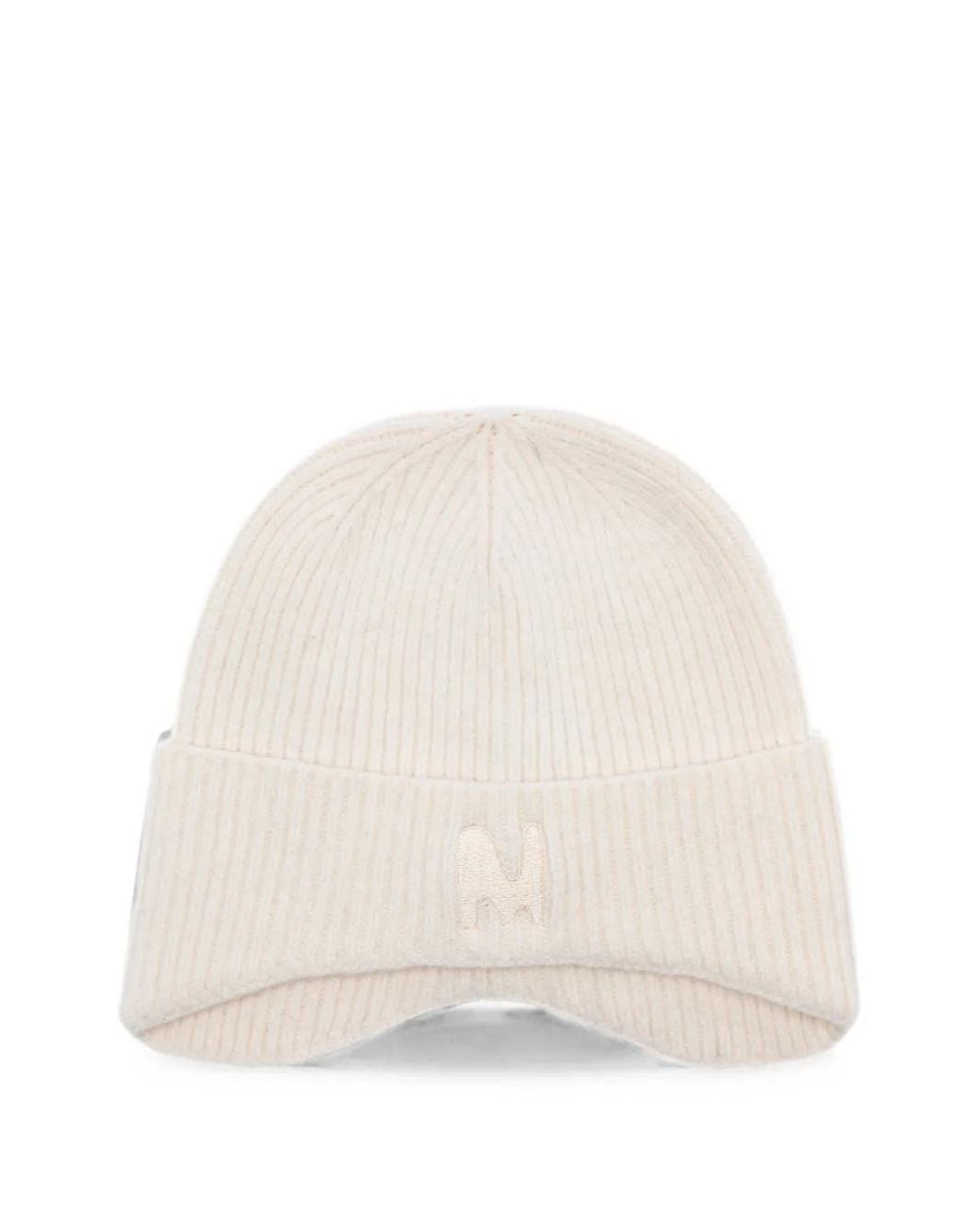MSGM Natural Ribbed-Knit Embroidered Beanie Hat