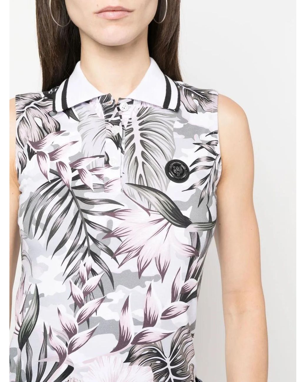 Philipp Plein White Floral Sleeveless Polo Shirt
