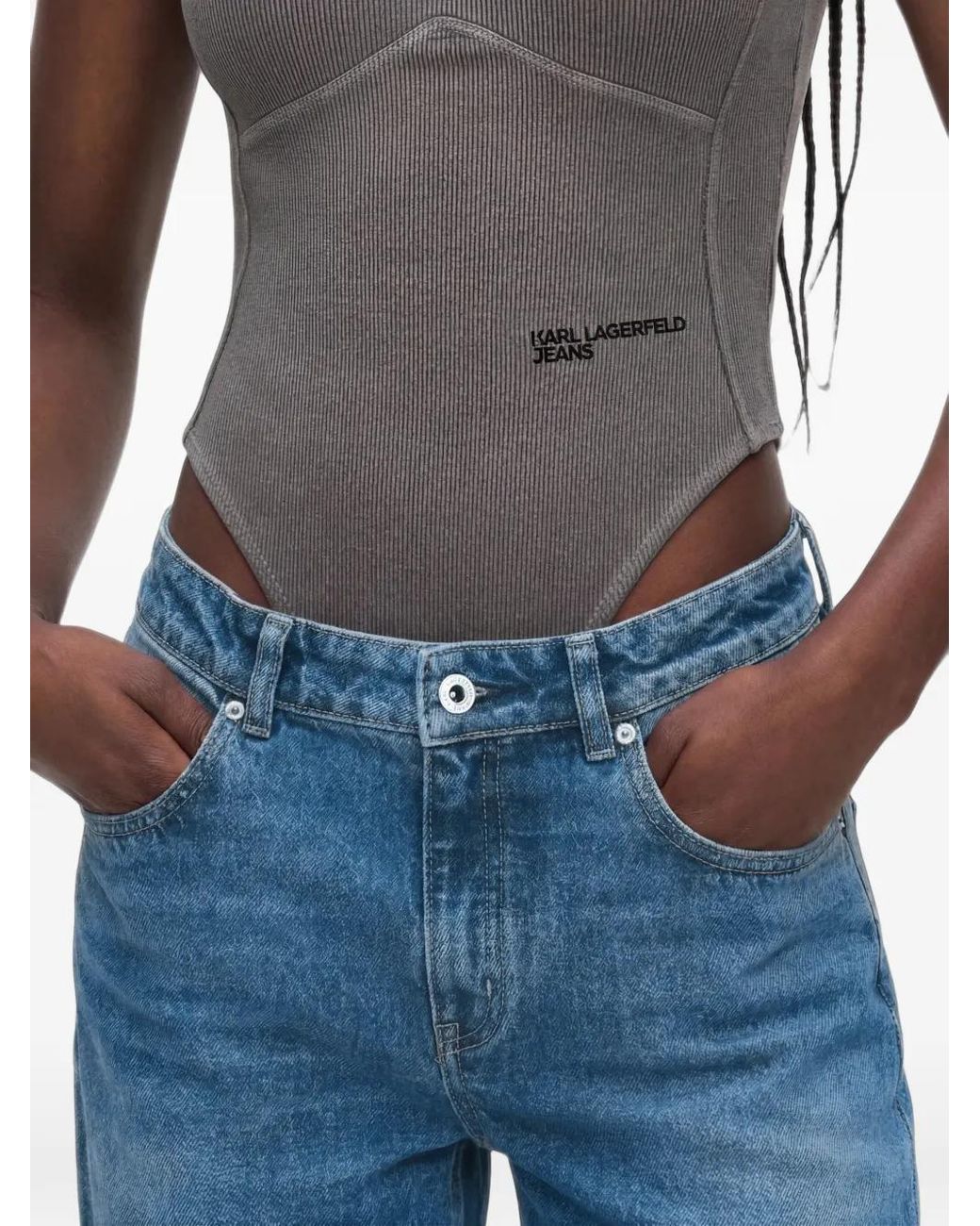 Karl Lagerfeld Blue Mid-Rise Barrel-Leg Jeans