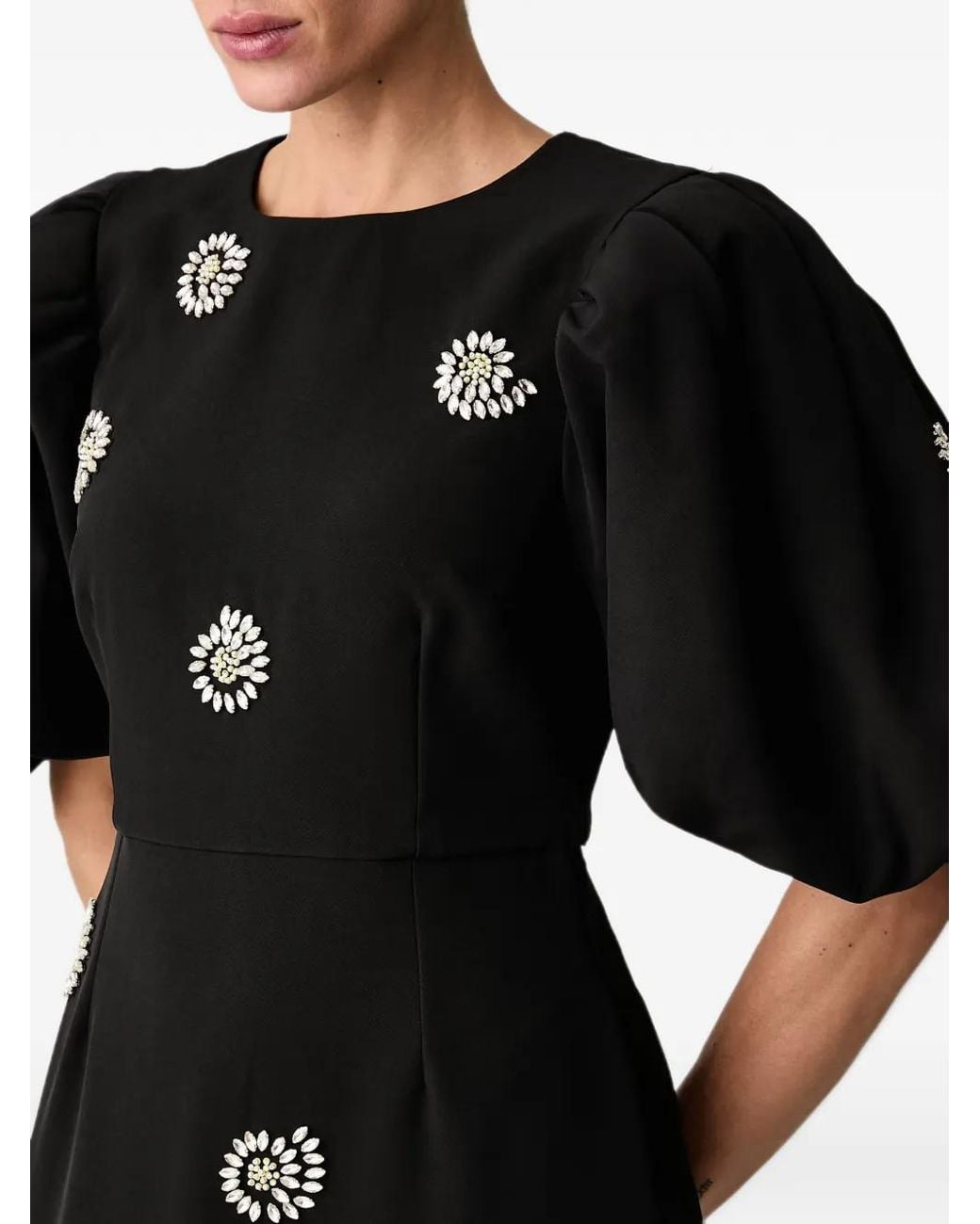 Stine Goya Black Crystal-Embellished Puff-Sleeve Midi Dress