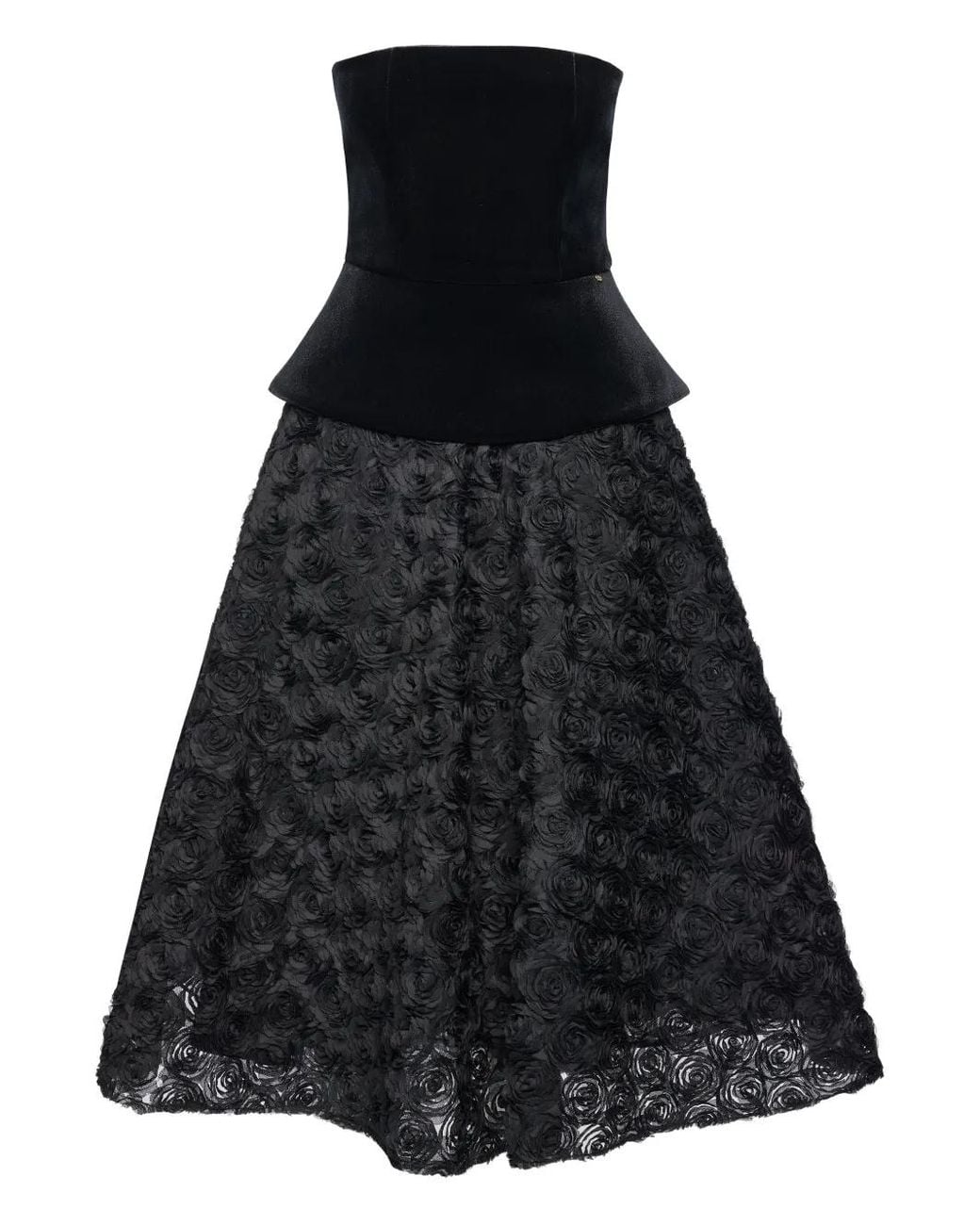 Nissa Black Petal-Layered Velvet Midi Dress