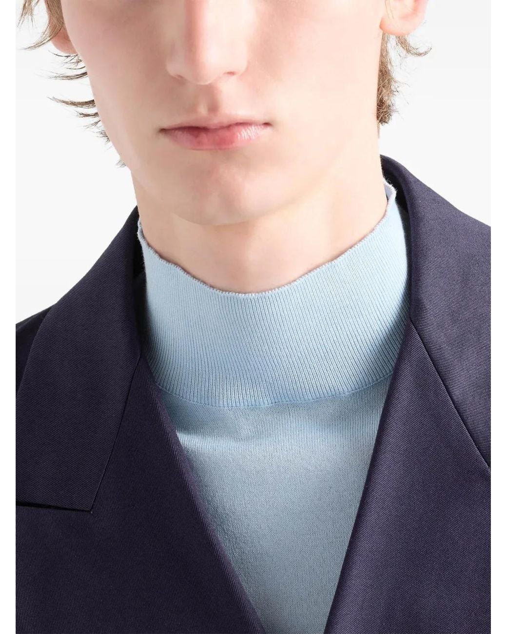 Prada Blue Ribbed-Knit Mock-Neck T-Shirt for men