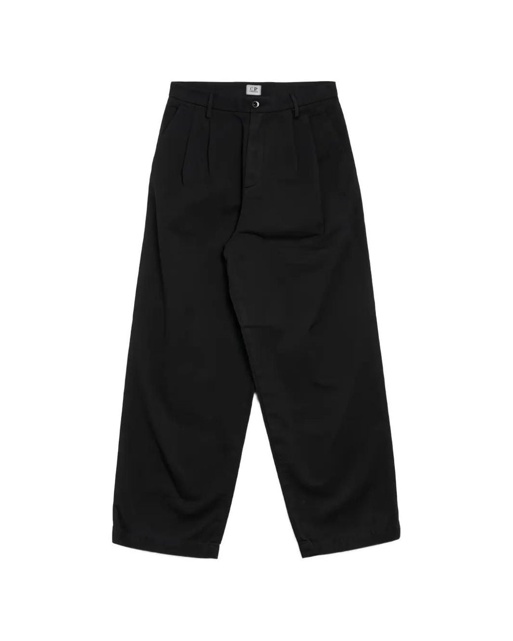C P Company Black Cotton Gabardine Boxy Pleats Pants for men