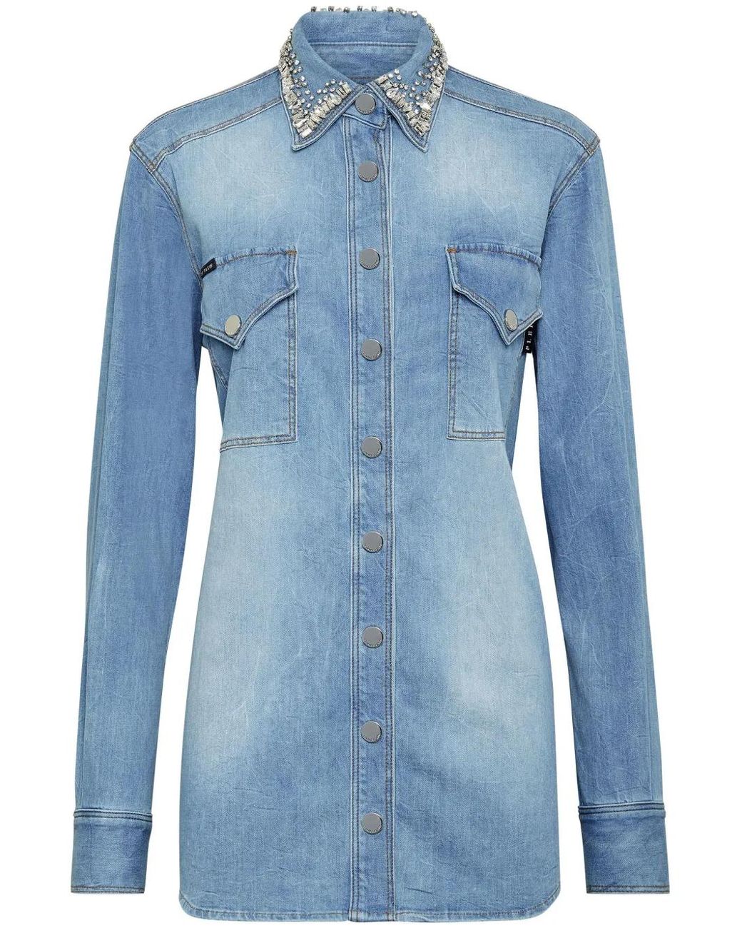 Philipp Plein Blue Crystal-Embellished Denim Shirt