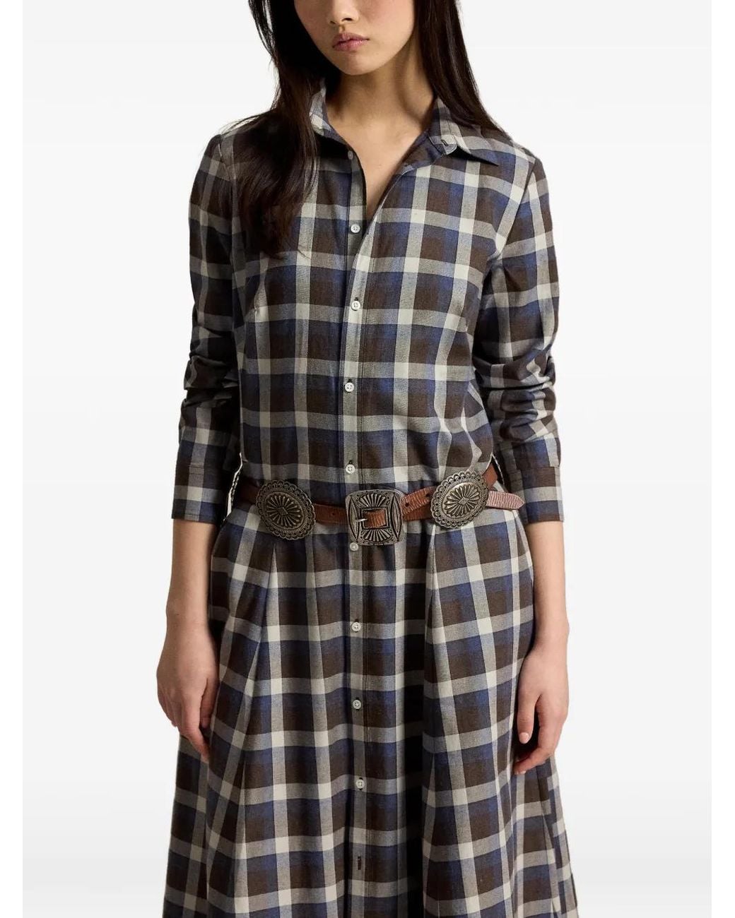 Polo Ralph Lauren Brown Check-Pattern Long-Sleeve Midi Dress